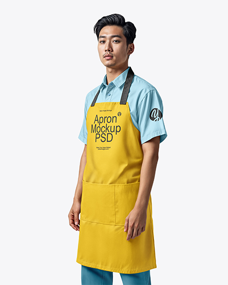 Asian Man Wearing Apron and Short Sleeve Shirt Mockup - White long sleeve mockup