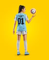 Female Soccer Player Wearing Jersey and Shorts Mockup