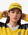 Woman Wearing Ice Hockey Jersey and Cap Mockup