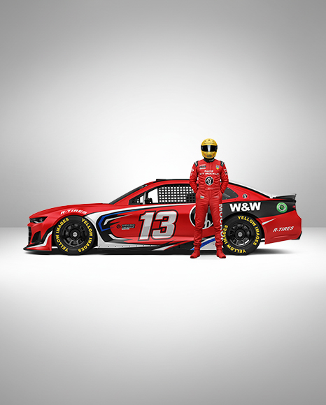 Man Wearing Racing Kit with Nascar Car Mockup