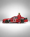 Man Wearing Racing Kit with Nascar Car Mockup