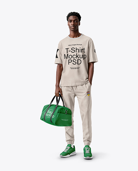 Man Wearing T-Shirt and Sweatpants Holding Duffle Bag Mockup - Hanging shirt mockup