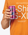 Man Wearing a T-shirt Holding 12oz Drink Can Mockup