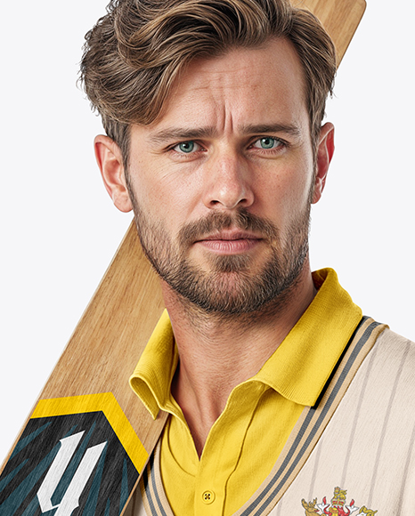 Cricket Player Wearing a Sleeveless Jumper Holding a Bat Mockup