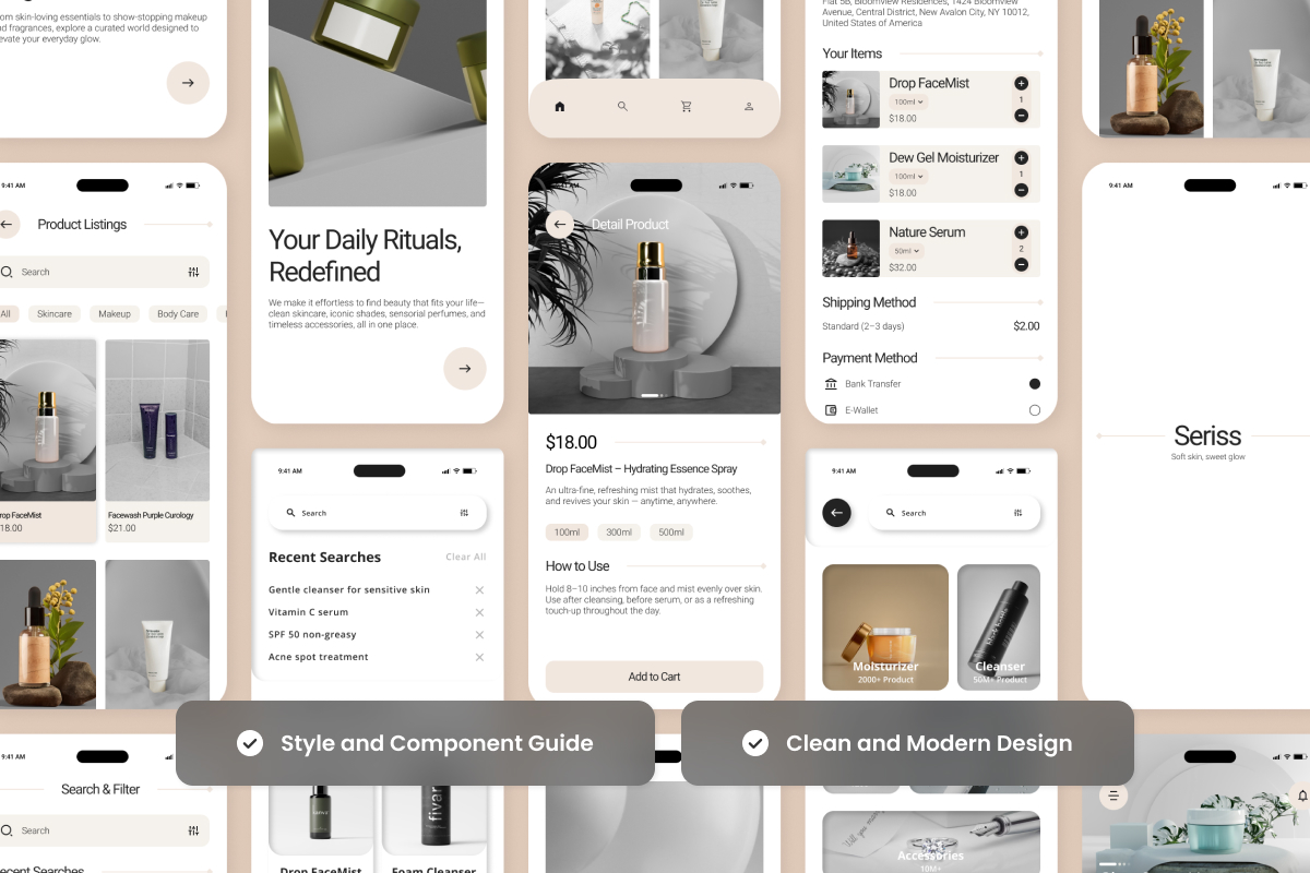 Seriss – Skincare &amp; Beauty App UI Design Template