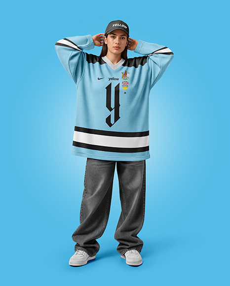 Woman Wearing Ice Hockey Jersey and Cap Mockup