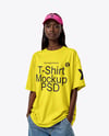 Young Black Woman Wearing Oversized T-Shirt and Visor Cap Mockup