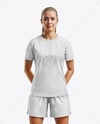 Woman Wearing Raglan Soccer Jersey and Shorts Mockup