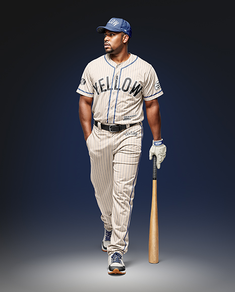 Black Man Wearing a Full Baseball Kit with Bat Mockup