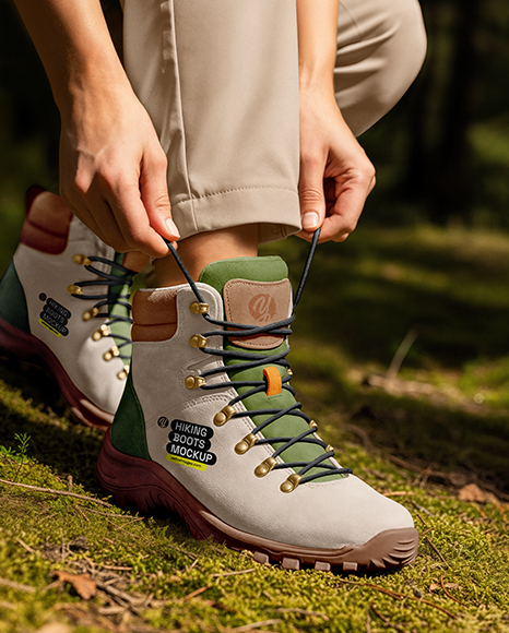 Woman Tying Hiking Boots Mockup - Shoe mockups