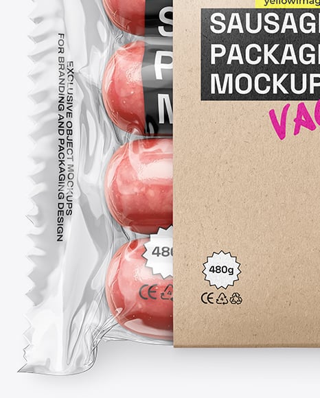 Clear Plastic Flow-Pack with Sausages in Kraft Paper Holder Mockup
