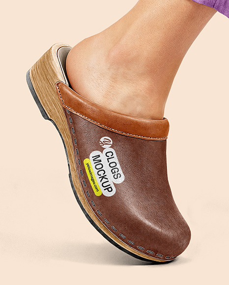 Pair of Clogs on Woman's Legs with Pants Mockup