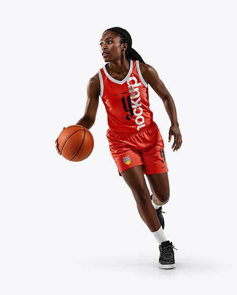 Female Basketball Player Wearing V-Neck Jersey and Shorts Mockup - Crew neck sweater mockup