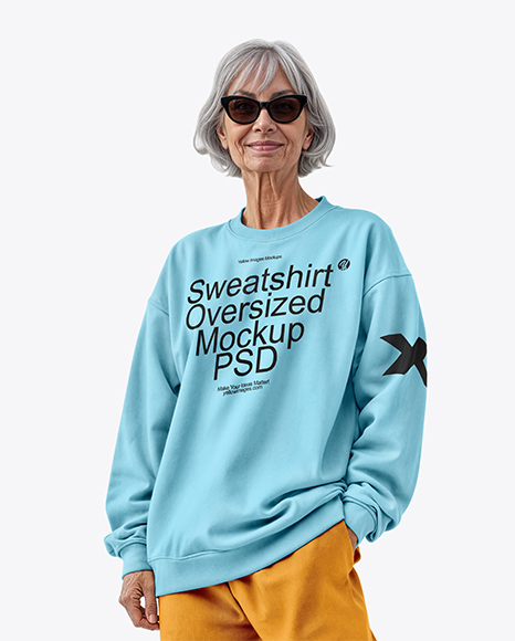 Smiling Old Woman in Oversize Sweatshirt & Sweatpants Mockup - Blank sweatshirt mockup