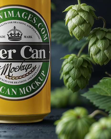 Beer Can Surrounded by Hops Branches Mockup