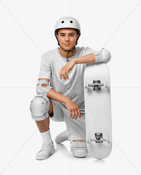 Skater in Protective Gear with Skateboard Mockup