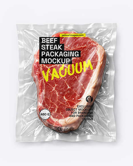 Clear Plastic Flow-Pack with Beef Steak Mockup