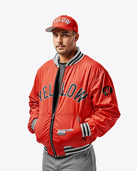 Baseball Player Wearing a Bomber Jacket and Cap Mockup - Jacket mockup