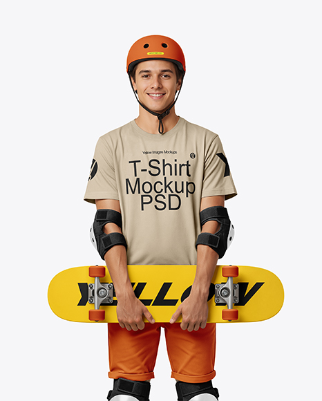 Skater in Protective Gear with Skateboard Mockup - Crew neck mockup