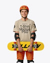 Skater in Protective Gear with Skateboard Mockup