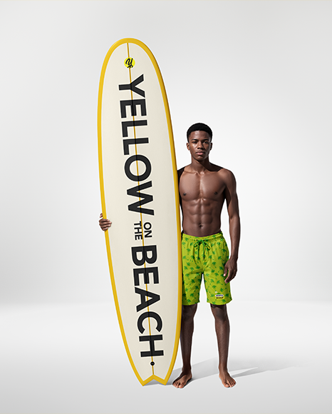Young Man Wearing Shorts and Holds Surfboard Mockup
