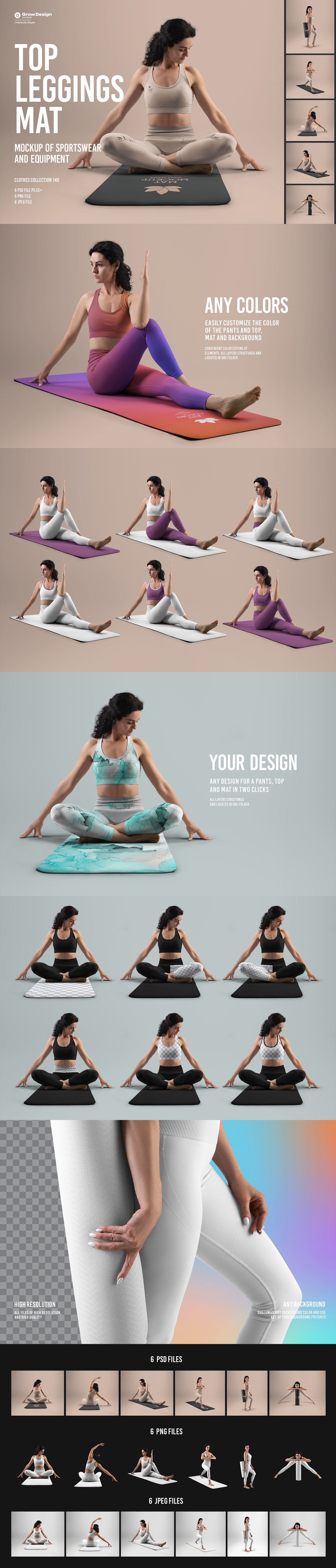 6 Mockups Leggings, Top and Mat for Yoga and Pilates. vol.01