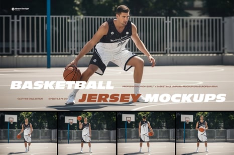 5 Basketball Uniform Mockups on a European Male on an Outdoor Court - Creative Store