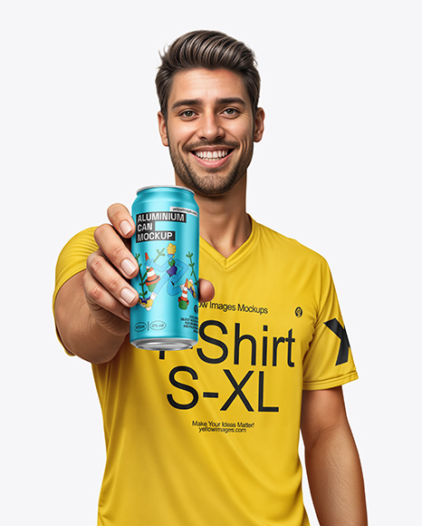 Man Wearing a T-shirt Holding 16oz Drink Can Mockup - Metal can mockup