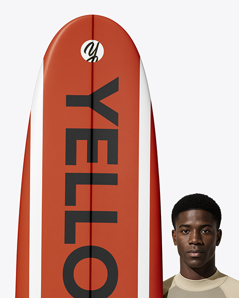 Man Wearing Rashguard Jersey and Shorts with Surfboard Mockup