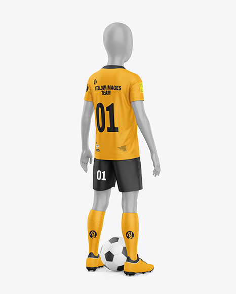 Kids Soccer Kit w Mannequin Mockup - Back Half Side View - Kit mockup psd