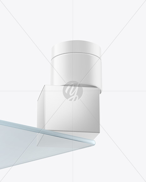 Matte Cosmetic Jars with Paper Box on the Glass Mockup