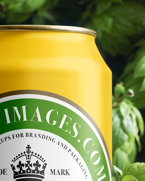 Beer Can on Fresh Hops Background Mockup