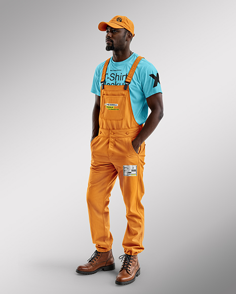 Afro-American Man Wearing a Bib Overalls and T-Shirt Mockup