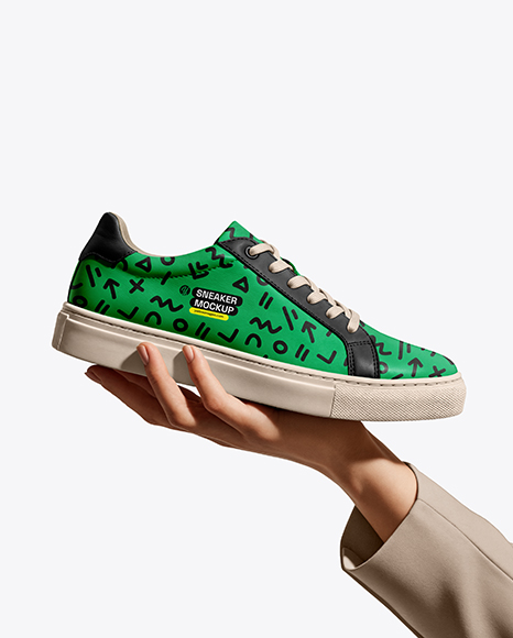 Woman's Hand Holding Sneaker Mockup - Sports shoes mockup