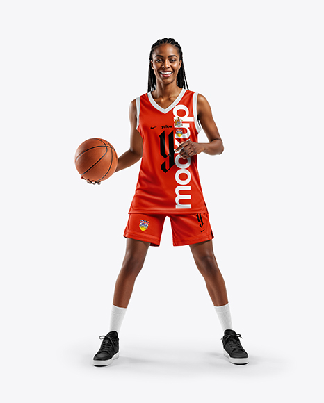 Woman Wearing Full Basketball Uniform and Holding Ball Mockup - Download+Womens+Full+Basketball+Kit+With+V-Neck+Jersey+...