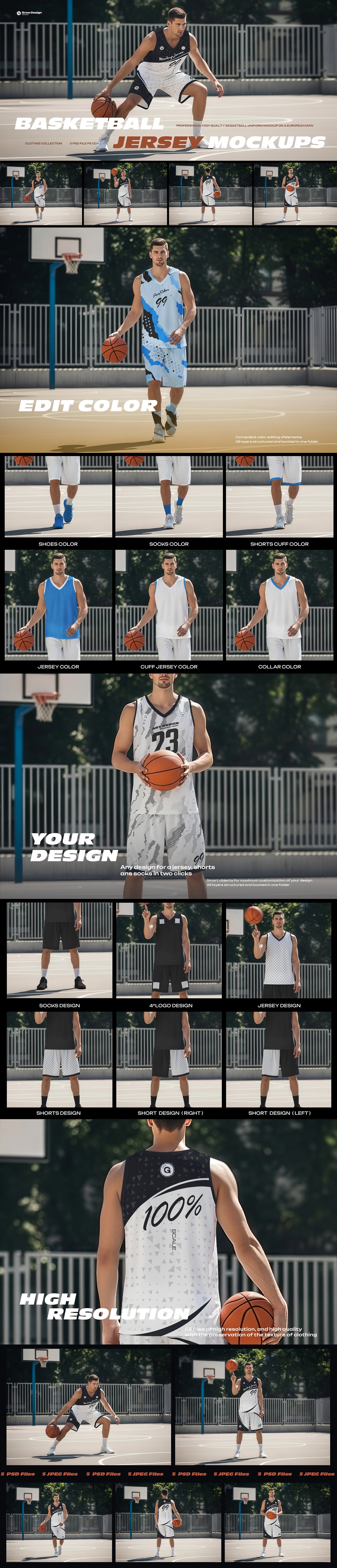 5 Basketball Uniform Mockups on a European Male on an Outdoor Court