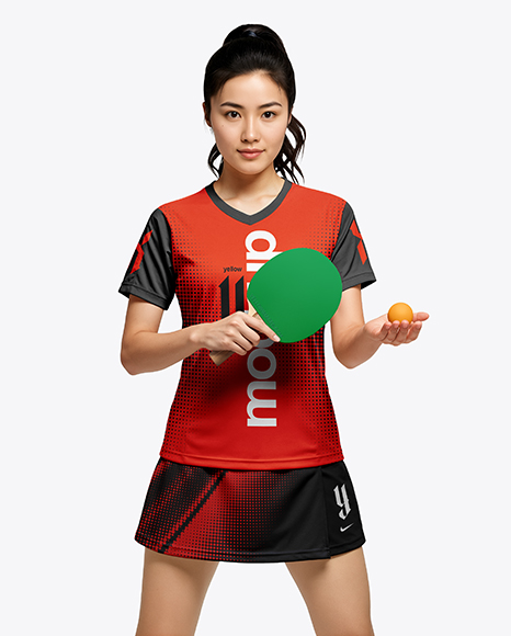 Woman Wearing Table Tennis Uniform Mockup - Children's+Uniform+Mockup