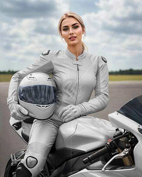 Woman Wearing Moto Racing Kit on Sport Bike Mockup