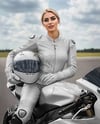 Woman Wearing Moto Racing Kit on Sport Bike Mockup