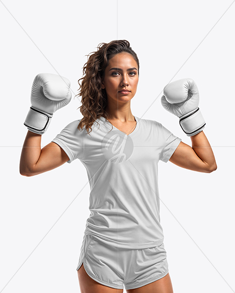 Female UFC Fighter Wearing T-Shirt & Shorts Mockup