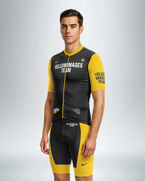 Man Wearing Cycling Jersey and Bib Shorts Mockup