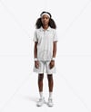 Young Black Woman Wearing Tennis Polo Shirt and Shorts Mockup