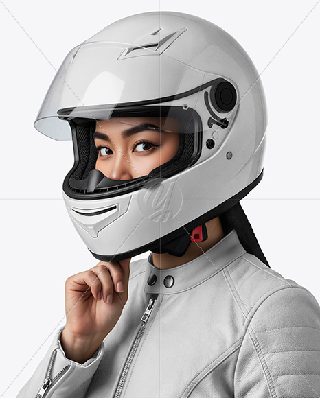 Woman Wearing Leather Jacket and Racing Helmet Mockup
