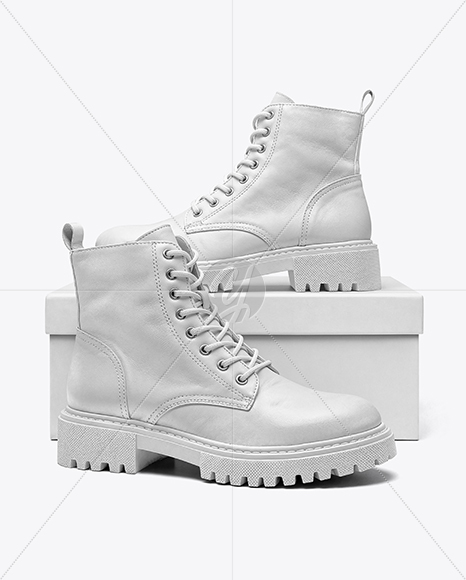 Pair of Women's Combat Boots with Shoe Box Mockup