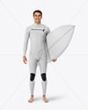 Surfer in Wetsuit with Shortboard Mockup