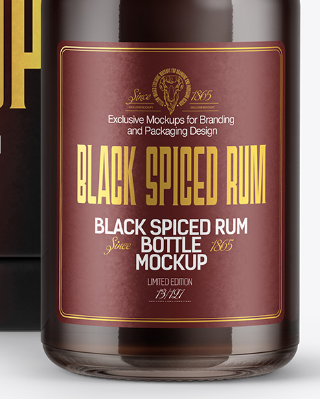 Black Rum Bottle with Box Mockup
