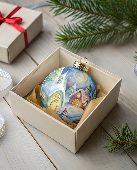 Glossy Christmas Ball in a Box Mockup