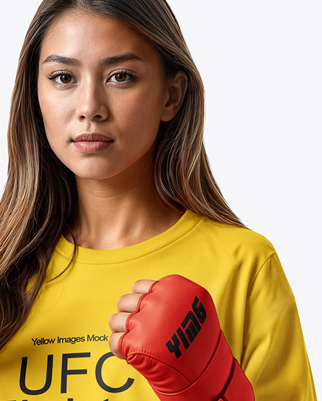 Female UFC Fighter Wearing Long Sleeve T-Shirt & Shorts Mockup