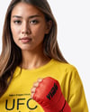 Female UFC Fighter Wearing Long Sleeve T-Shirt & Shorts Mockup