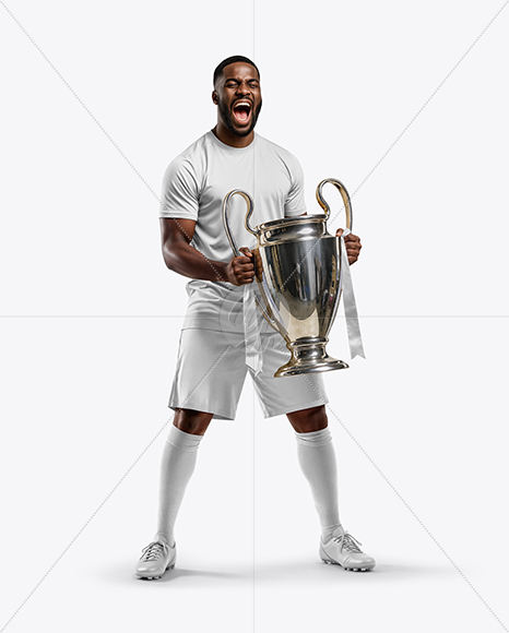 Soccer Player Wearing Jersey and Shorts Holds Cup Mockup